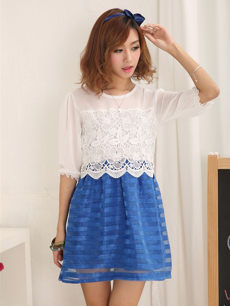 Korean Summer Half Sleeve Lace Blue Dress