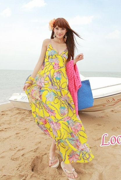 Korean Bohemian Flowers Pattern Straps Silk Yellow Maxi Dress