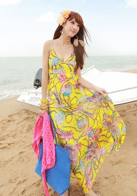 Korean Bohemian Flowers Pattern Straps Silk Yellow Maxi Dress
