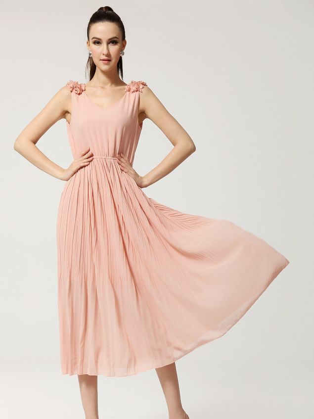 Elegant Summer Stereo Flower Chiffon Sleeveless Pink Maxi Dress