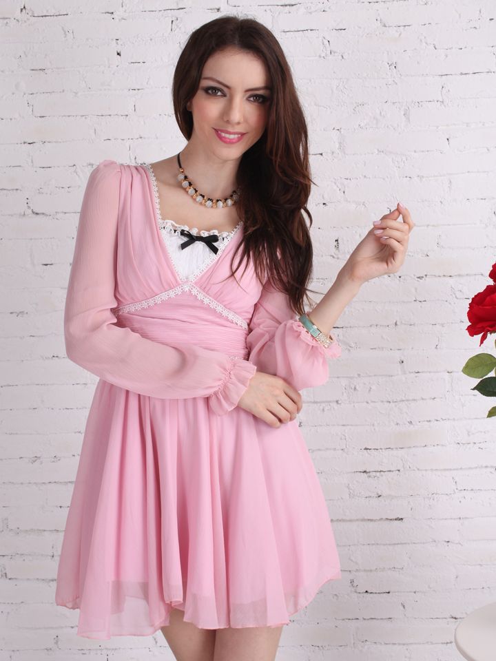 Pink Girl Puff Sleeve V-neck Chiffon Dress