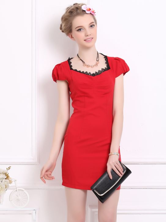 New Celebrity Square Neck Lace Detail Puff Sleeve Dress