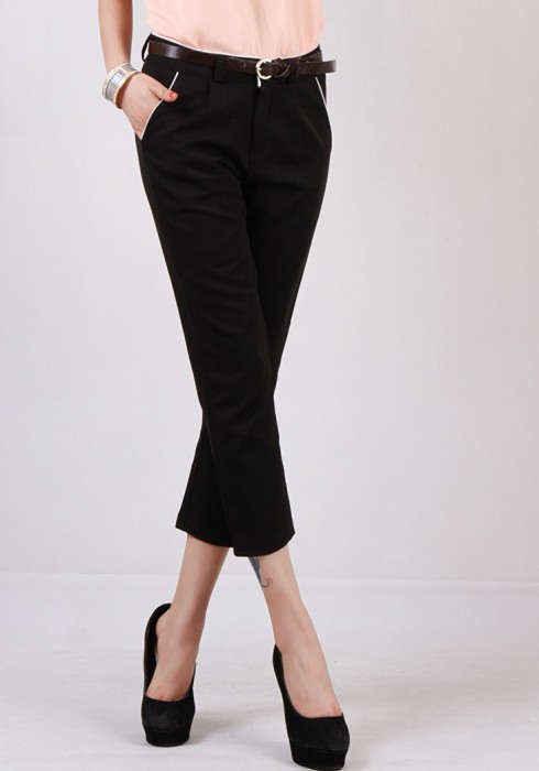Wholesale OL Solid Color Cotton Blend Black Long Pants With Belt ...