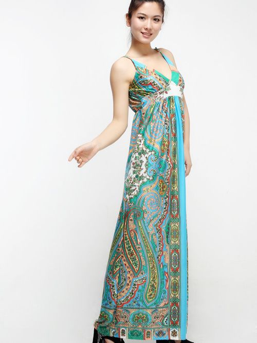 Bohemian Style Fashion Flower Pattern V-neck Straps Maxi Dress