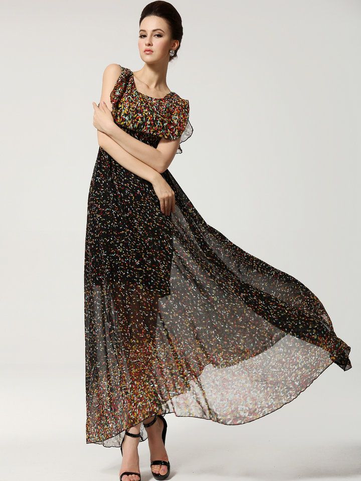 New Fashion Flower Pattern Round Collar Sleeveless Maxi Dress
