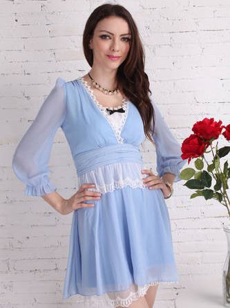 Spring Style Bowknot Puff Sleeve V-Neck Dress
