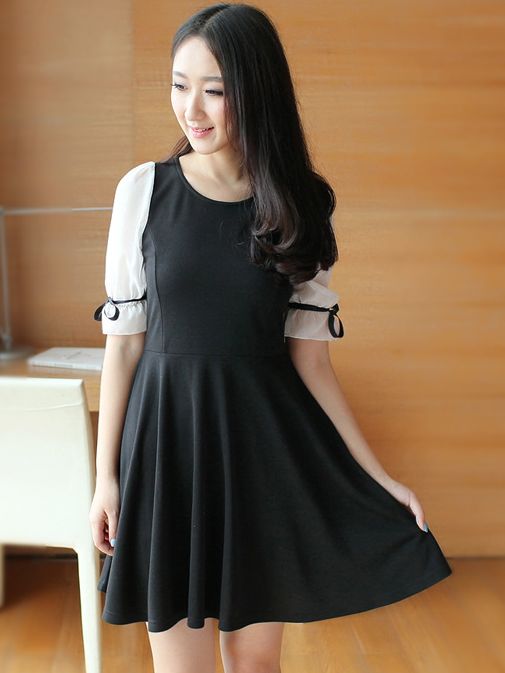 Korean Fashion Chiffon Half Sleeve Black Dress
