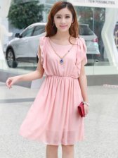 Sweet Pink Round Neck Ruffles Short Sleeve Dress With Necklace