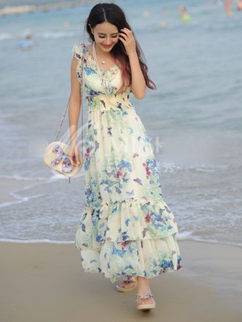 New Fashion Flower Pattern Ruffles Sleeveless Maxi Dress