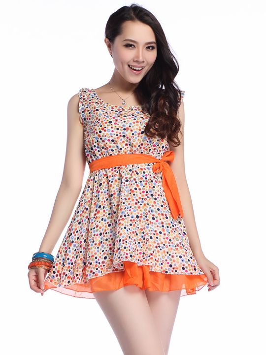 Korean Style Fashion Polka Dots Belted Chiffon Tank Dress Sale