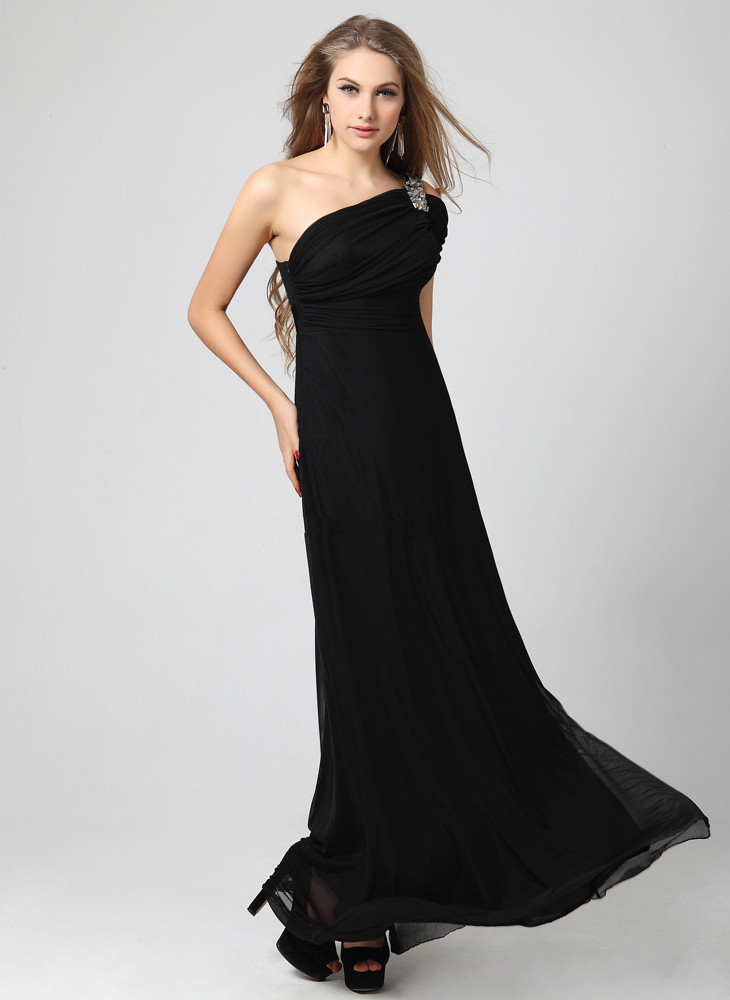 Summer Diamonds Studded One Shoulder Black Evening Maxi Dress
