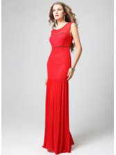 Elegant Diamonds Studded Round Neck Lace Detail Red Evening Dress