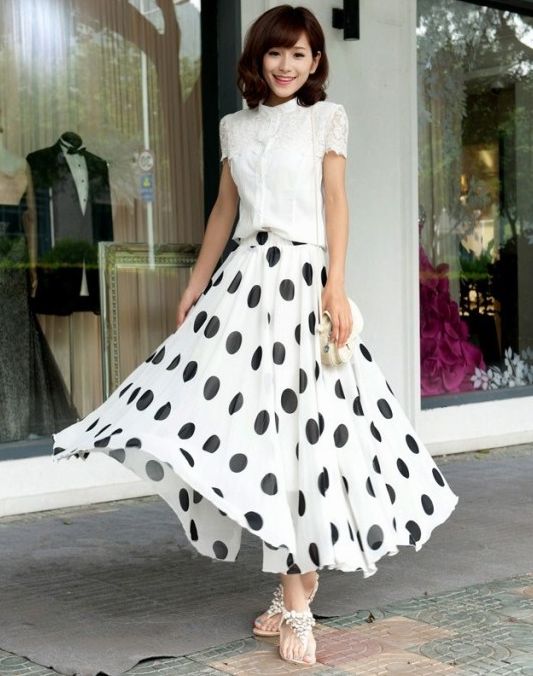 Chic Style Empire Waist Polka Dots Long Skirt