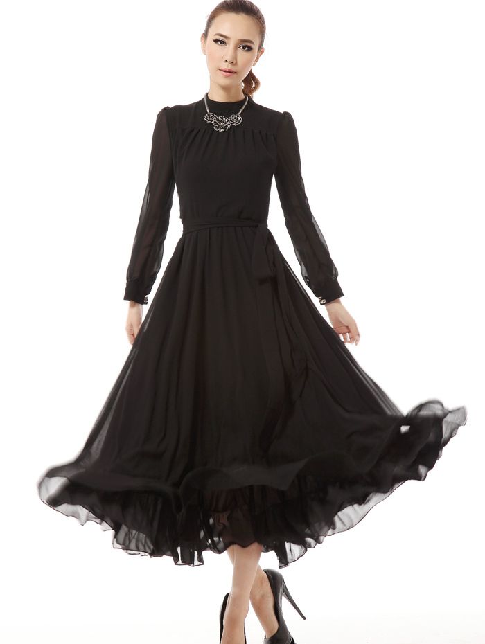Fashion Women Round Collar Pure Color Long Sleeve Maxi Dress