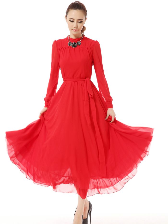 Bohemian Style Pure Color Round Collar Long Sleeve Maxi Dress