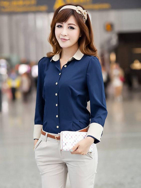New OL Style Blue Long Sleeve Blouse with Necktie