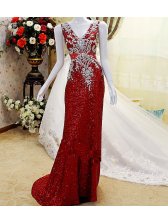Elegant Red Sequin Deep V Neck Trumpet Wedding Dress