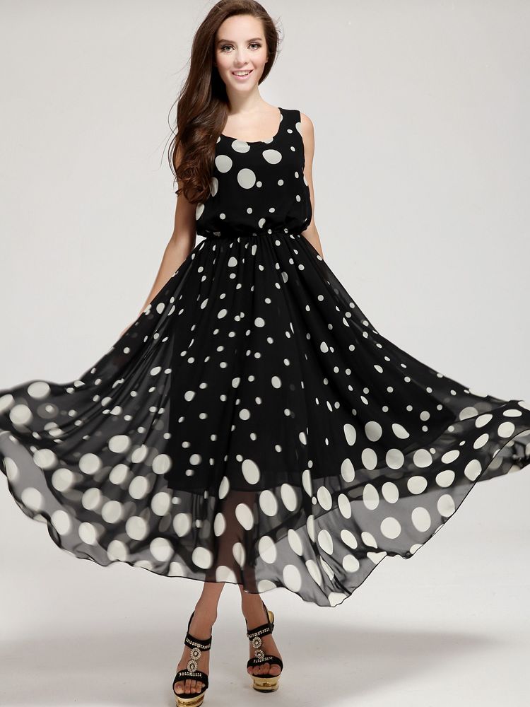 Fashion Women Polka Dots Round Collar Sleeveless Maxi