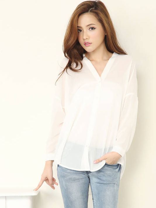 Autumn Lady V Neck Long Sleeve Chiffon Blouse 