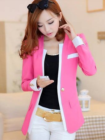 Pretty Girls One Button Color Block Long Sleeve Peach Suit