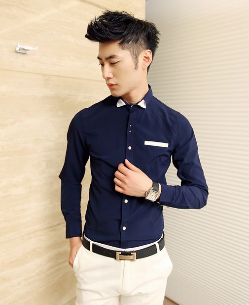 Korean Style Men Long Sleeve Cotton Shirt