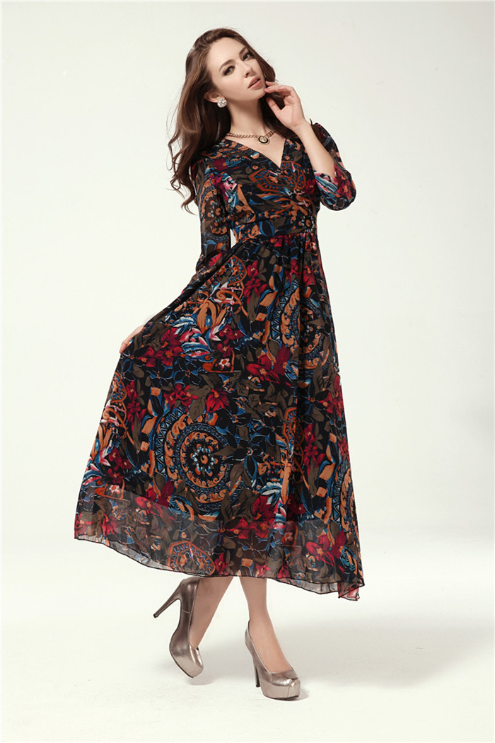 2013 Fashion Flower Print Three-quarter Sleeve Maxi Dress