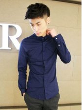 Korean Style Men Dark Blue Long Sleeve Shirt
