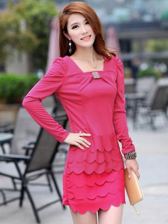 Wholesale Office Lady Bow Square Neck Long Sleeve Rippled Dress ...