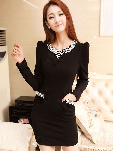 New Arrival Round Neck Pearl Studded Puff Sleeve Black Dress