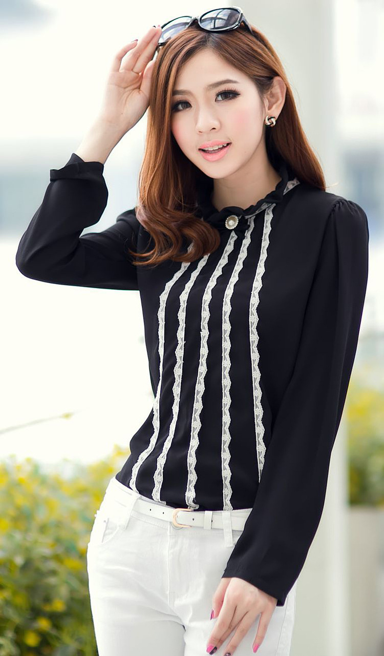 Office Lady Lace Detail Ruffles Stand Collar Blouses With Corsage