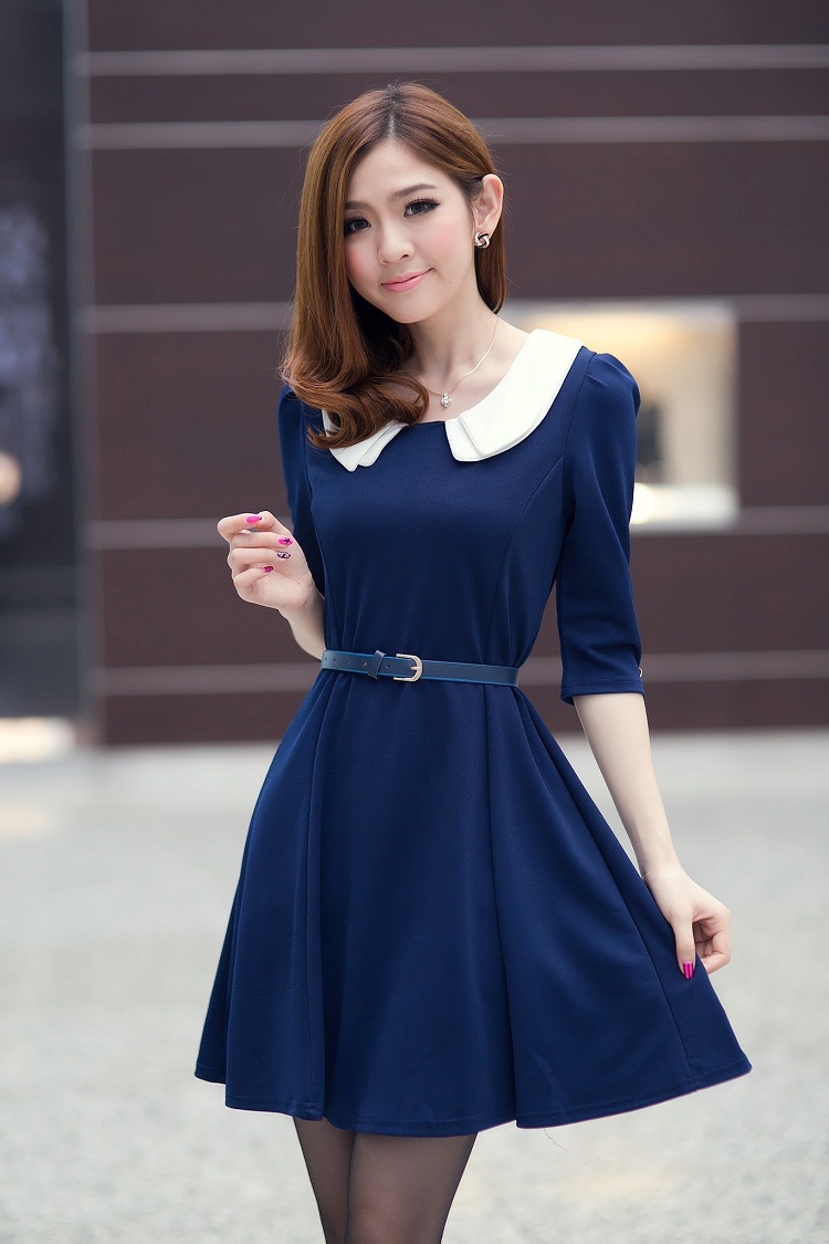 Korean Style Doll Collar Patchwork Half Sleeve Dress With Sashes