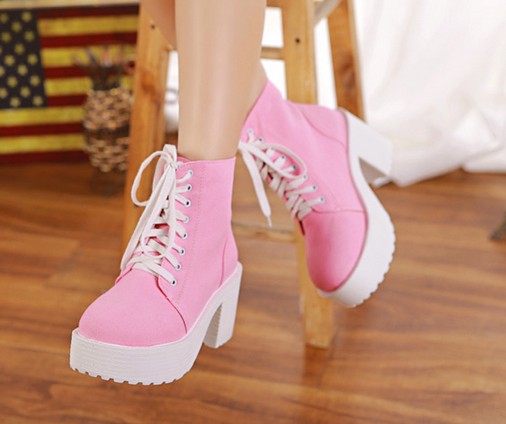 Sweet Pink Round Toe Chunky Heel Canvas Sweet Pink Ankle Boots