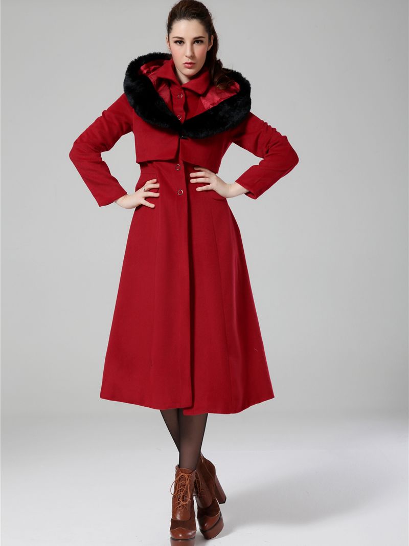 2013 Charming Lady Fur Collar Hooded Long Woolen Coat