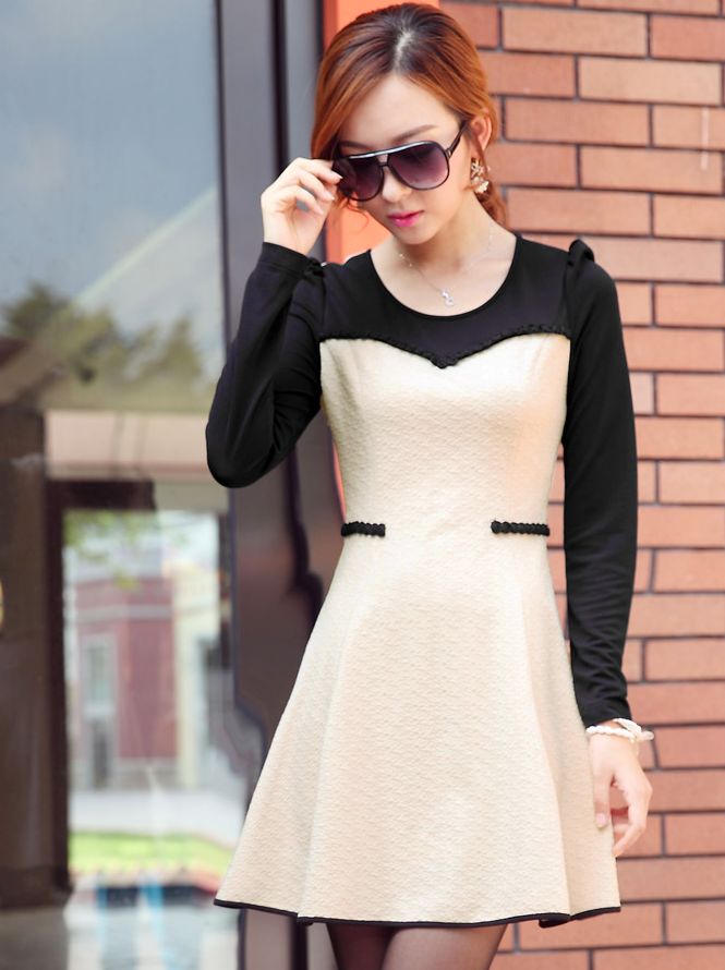New Arrival Autumn Lace Patch Long Sleeve Chiffon White Dress