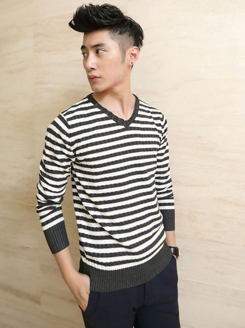 Men Fashion Striped Color Block V-Neck Long Sleeve Sweater Pullovers