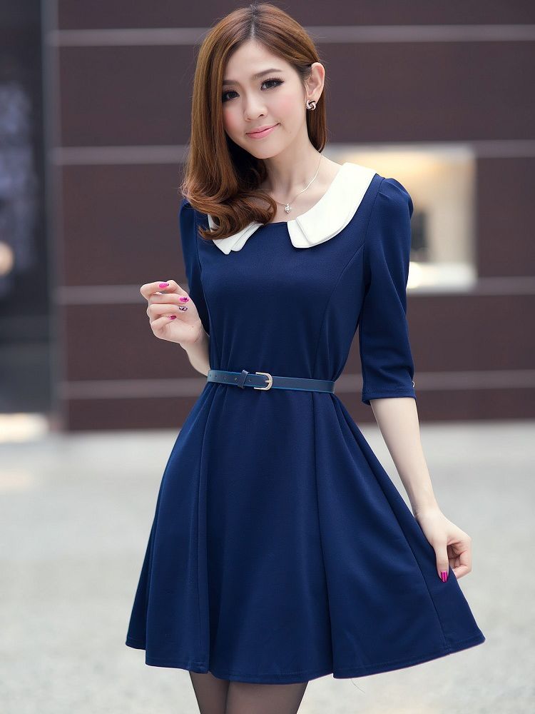 Wholesale Korean Style Doll Collar Patchwork Half Sleeve Dress With ...