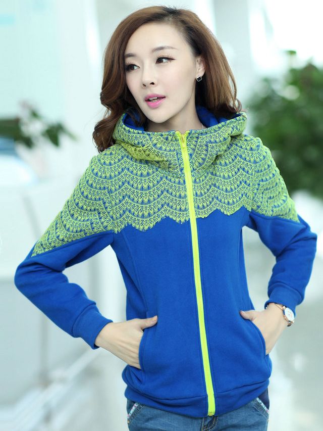 New Arrival Pure Color Zip Up Lace Splice Hoodies