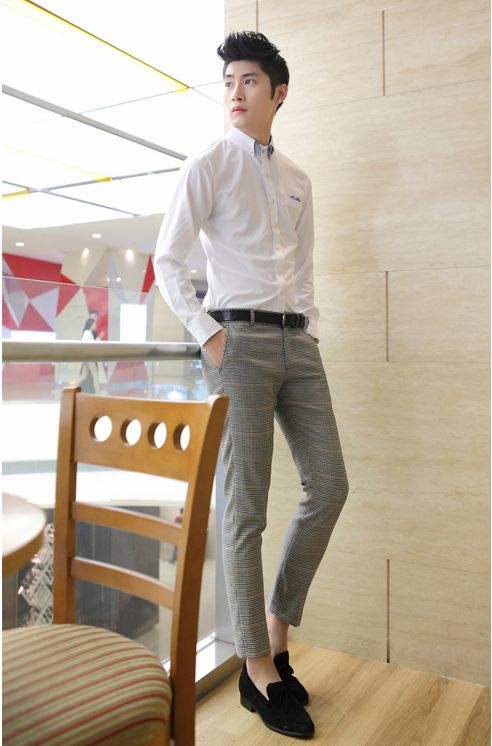 Korea Style Plaid Pattern Men Fitted Smart Pants