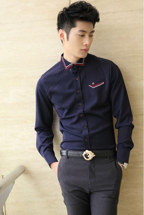 Europe Catwalk Pure Color Buttons Men Fitted Shirts