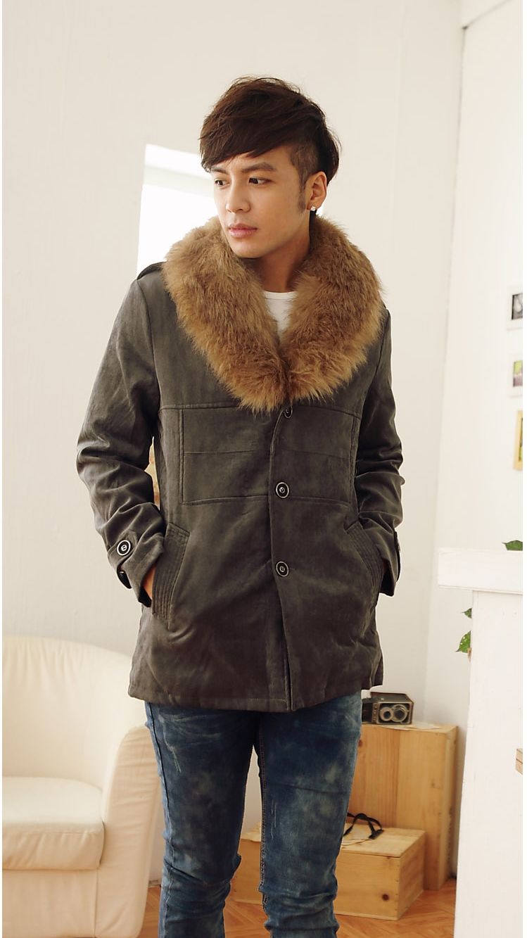 New Winter Lapel Detachable Fur Collar Men Wool Long Coats