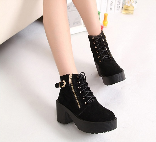 Korean Hot Style Lace Up Zipper Metal Decoration Chunky Heel Platform ...