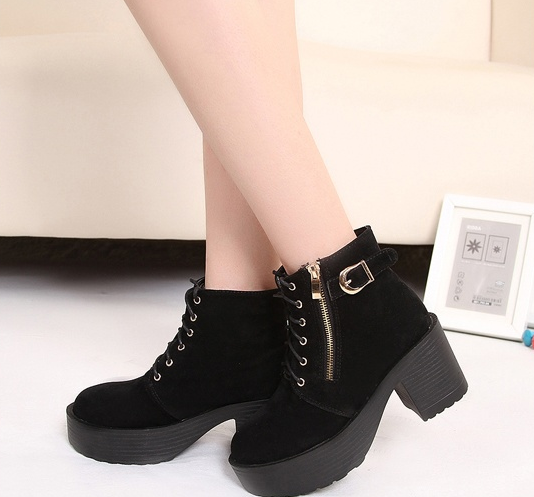 Korean Hot Style Lace Up Zipper Metal Decoration Chunky Heel Platform ...