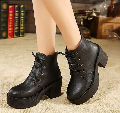 Korean Lady Bandage Chunky Heel Platform Ankle Boots In Black
