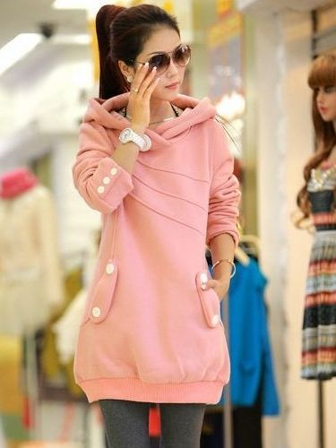 Preppy Style Button Pocket Solid Color Hooded Long Hoodies