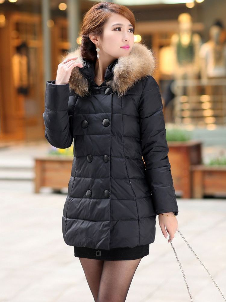 Winter Fashion Fur Decoration Pulling Rope Hooded Long Cotton-Padded Coat