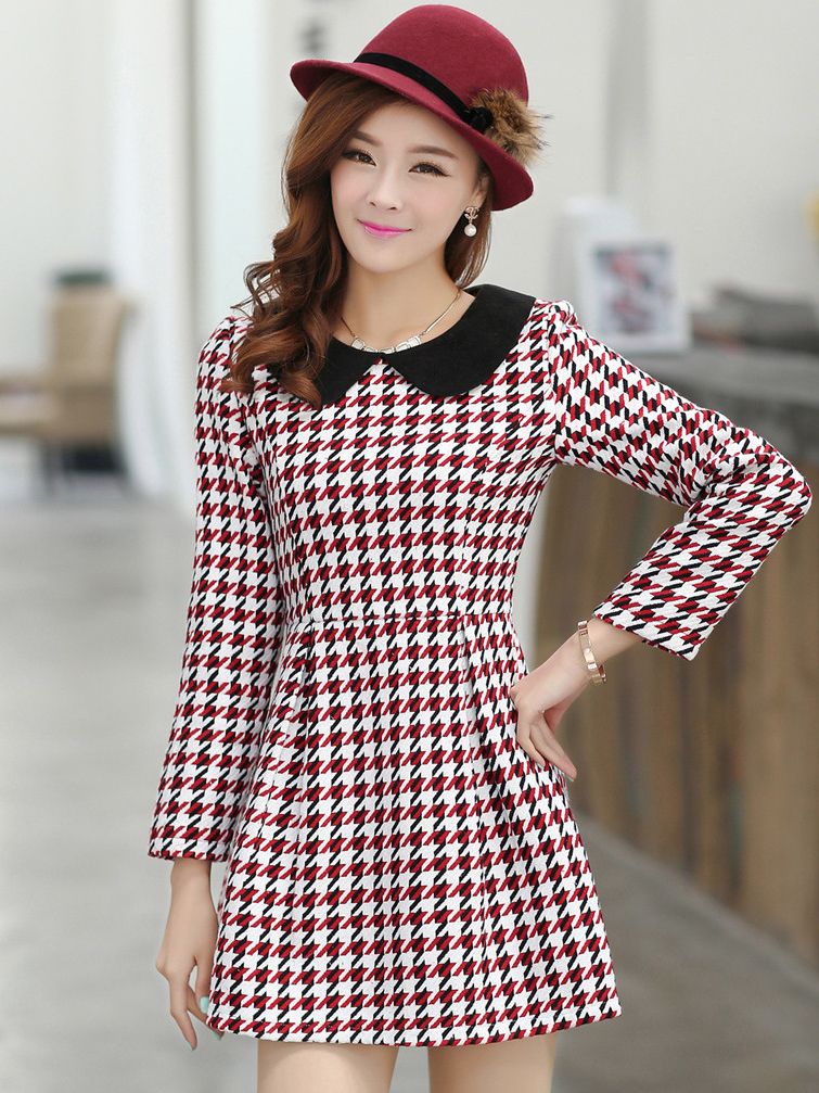 Graceful Look Bow Plaid Single Breasted Long Sleeve Dress