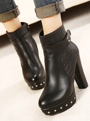 Cheap Fashion Chic Style Lady Square Toe Chunky High Heel Boots