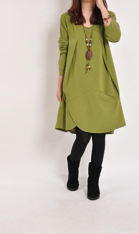 Fat Mm Cloth Style Asymmetrical Large Pockets Long Sleeves Loose Dress