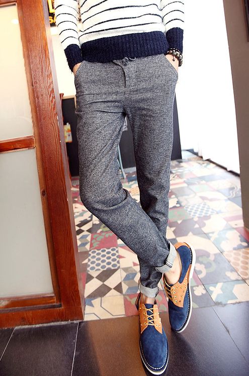 Fresh Style PU Button Decorated Fitted Men Long Wool Pants