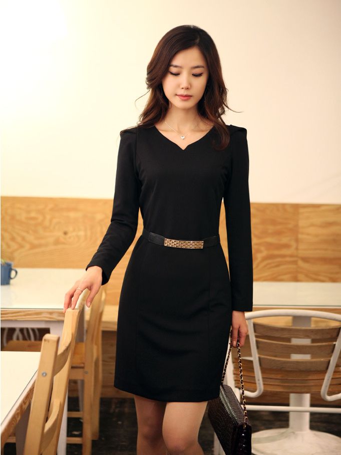Korean Modern Temperament Women Slim Wrap Hip V-Neck Dress